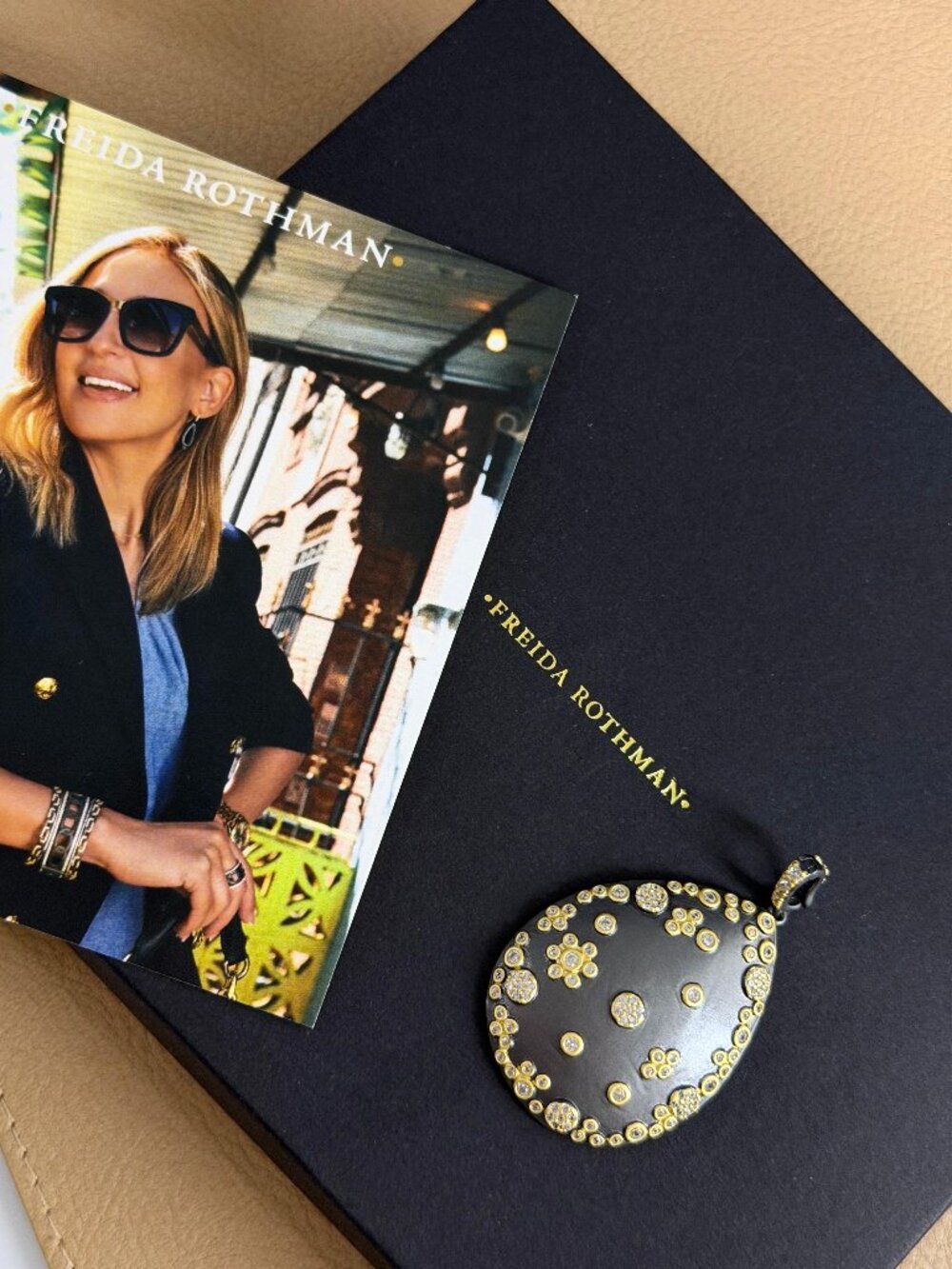 FREIDA ROTHMAN ENHANCERS - Black and Gold with Gold Floral Enhancers Pendant